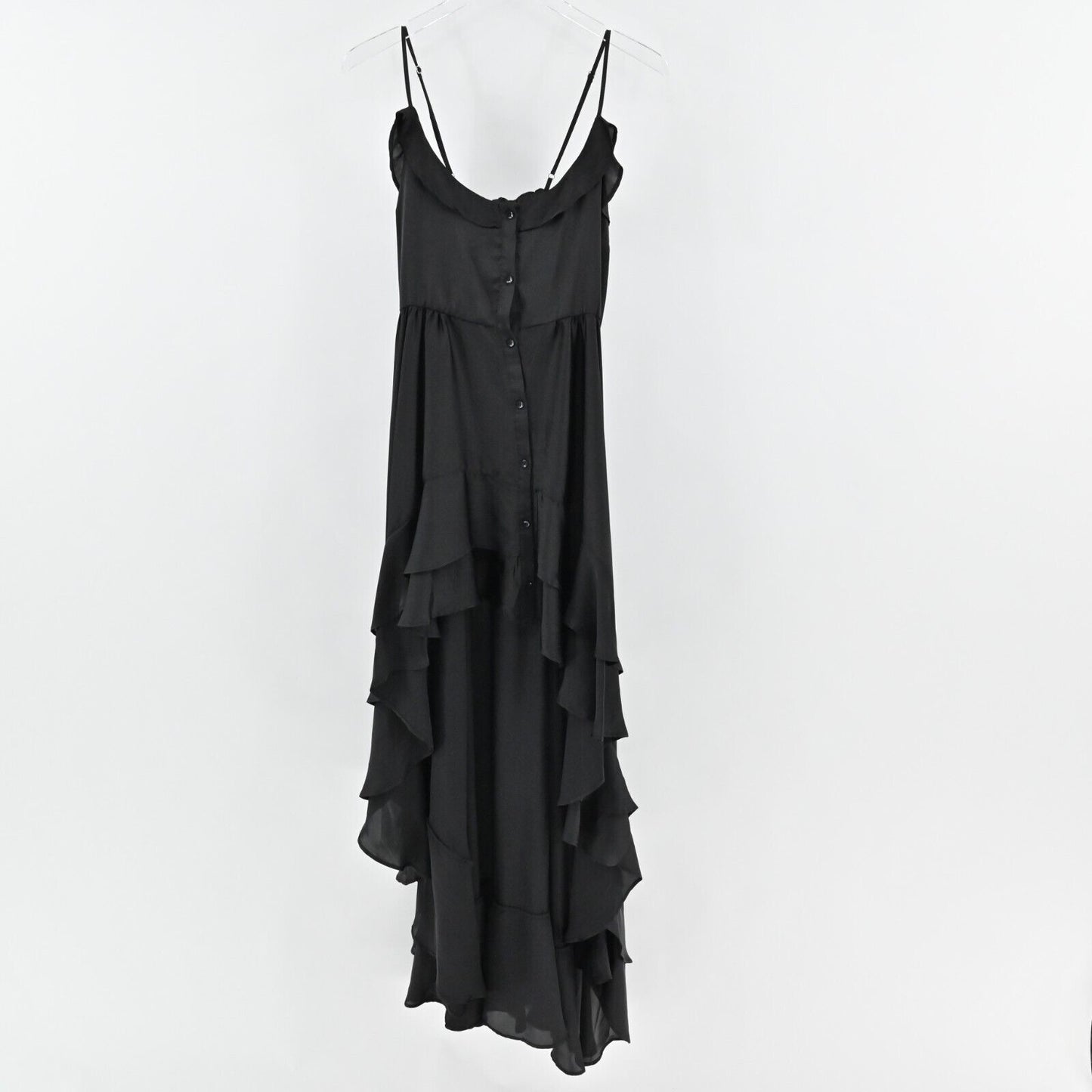 SUKI SO Dress Size S Solid Black Sleeveless Ruffle High Low Button Front Maxi