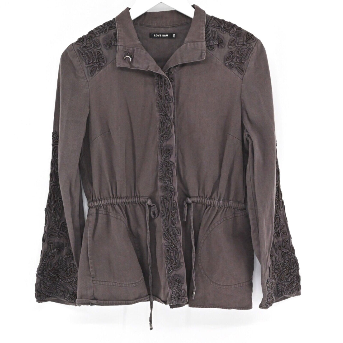 LOVE SAM by ANTHROPOLOGIE Jacket Womens Sz XS Travis Military Brown Embellished77252119