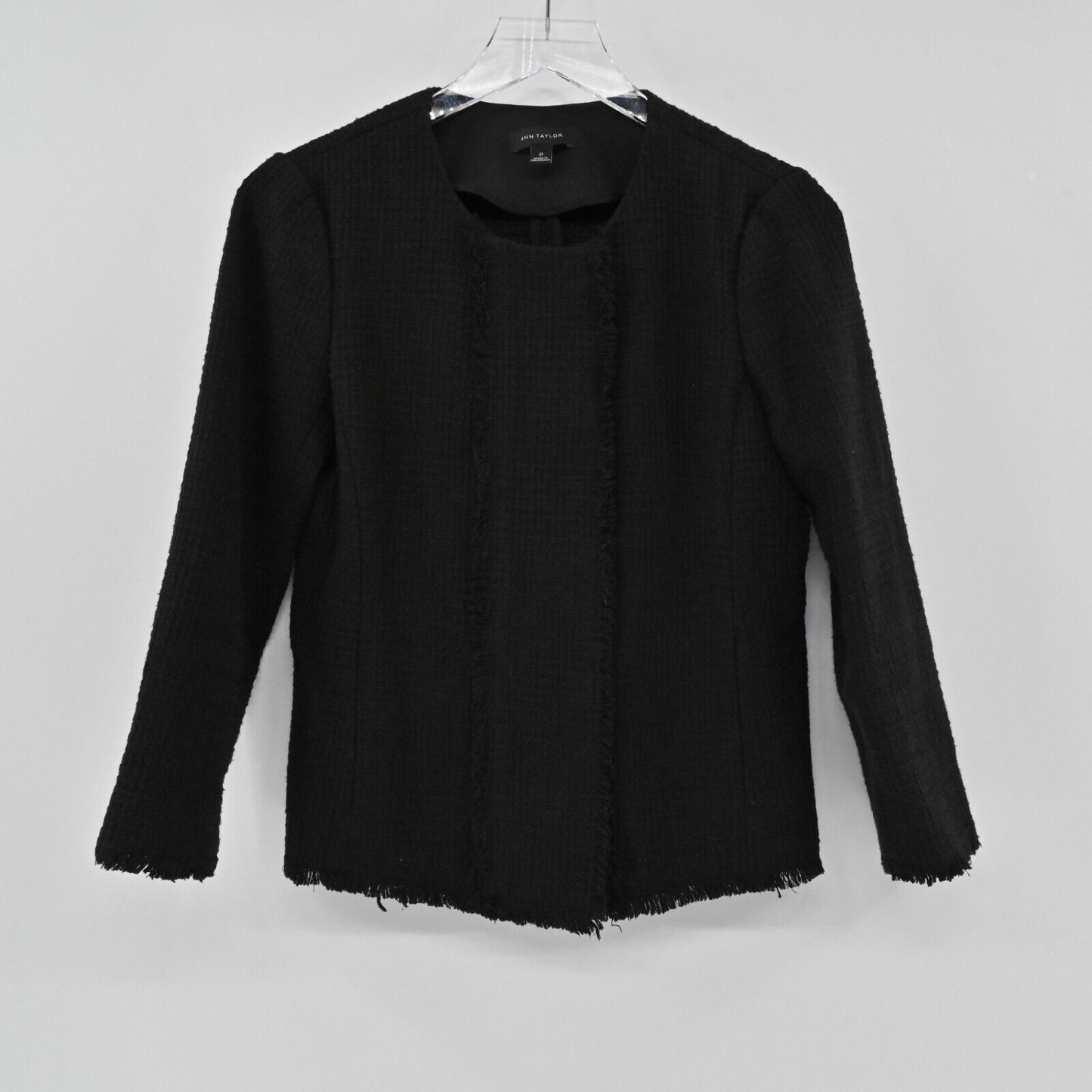 ANN TAYLOR Blazer Womens Size 0 Classic Black Fringe Tweed Long Sleeve Jacket
