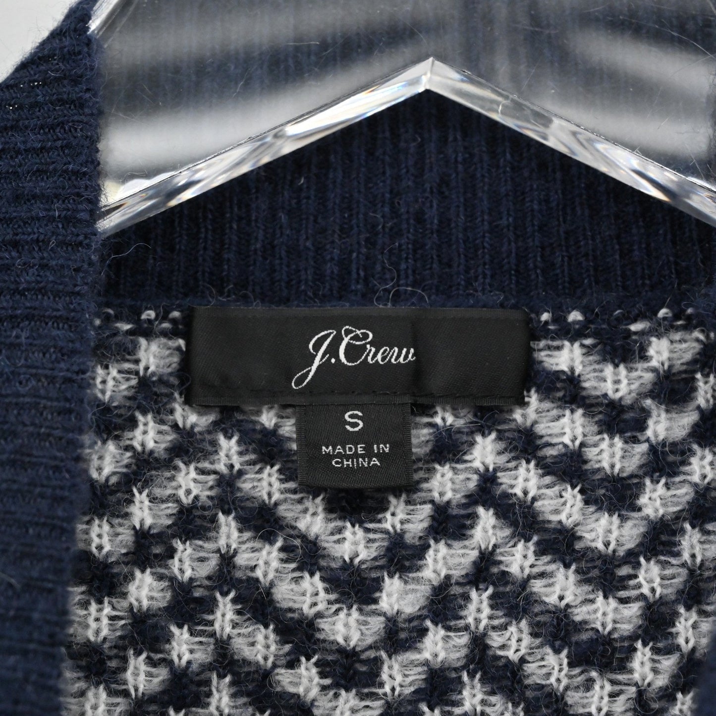 J Crew Womens Chevron Alpaca Sweater Size S Preppy Navy White Mock Neck Button