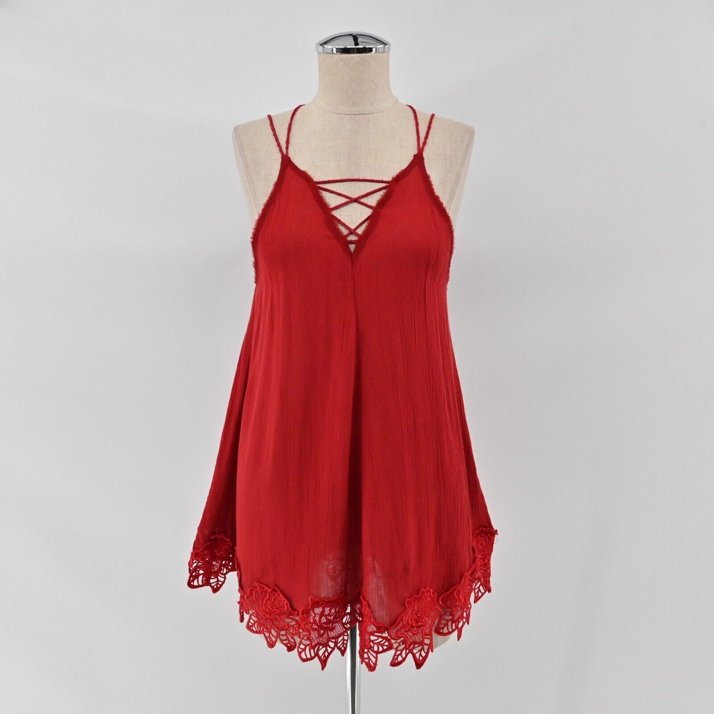 FREE PEOPLE Dress Womens Size XS Wicked Spell Brick Red Strappy Floral Lace Boho