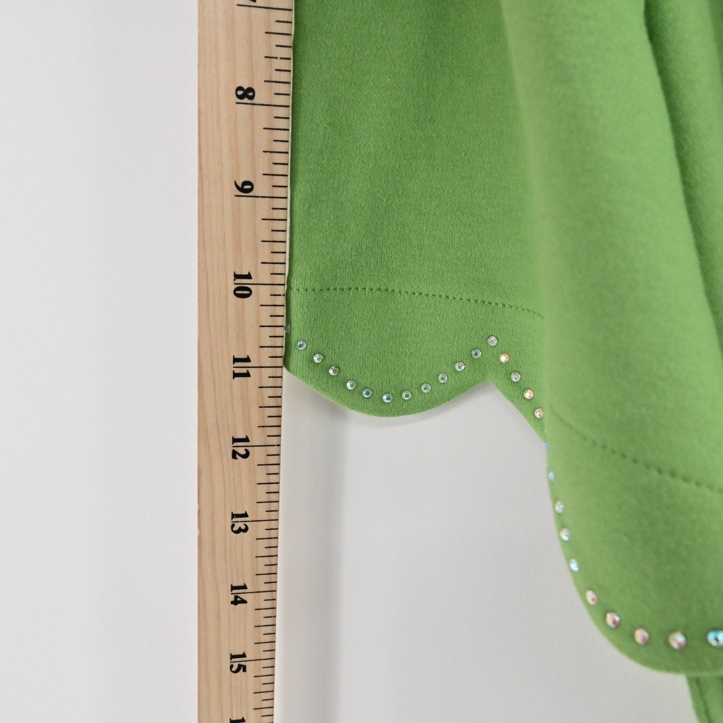 Quacker Factory Womens Scalloped Rhinestone Top Size 3X Green Short Puff Sleeve
