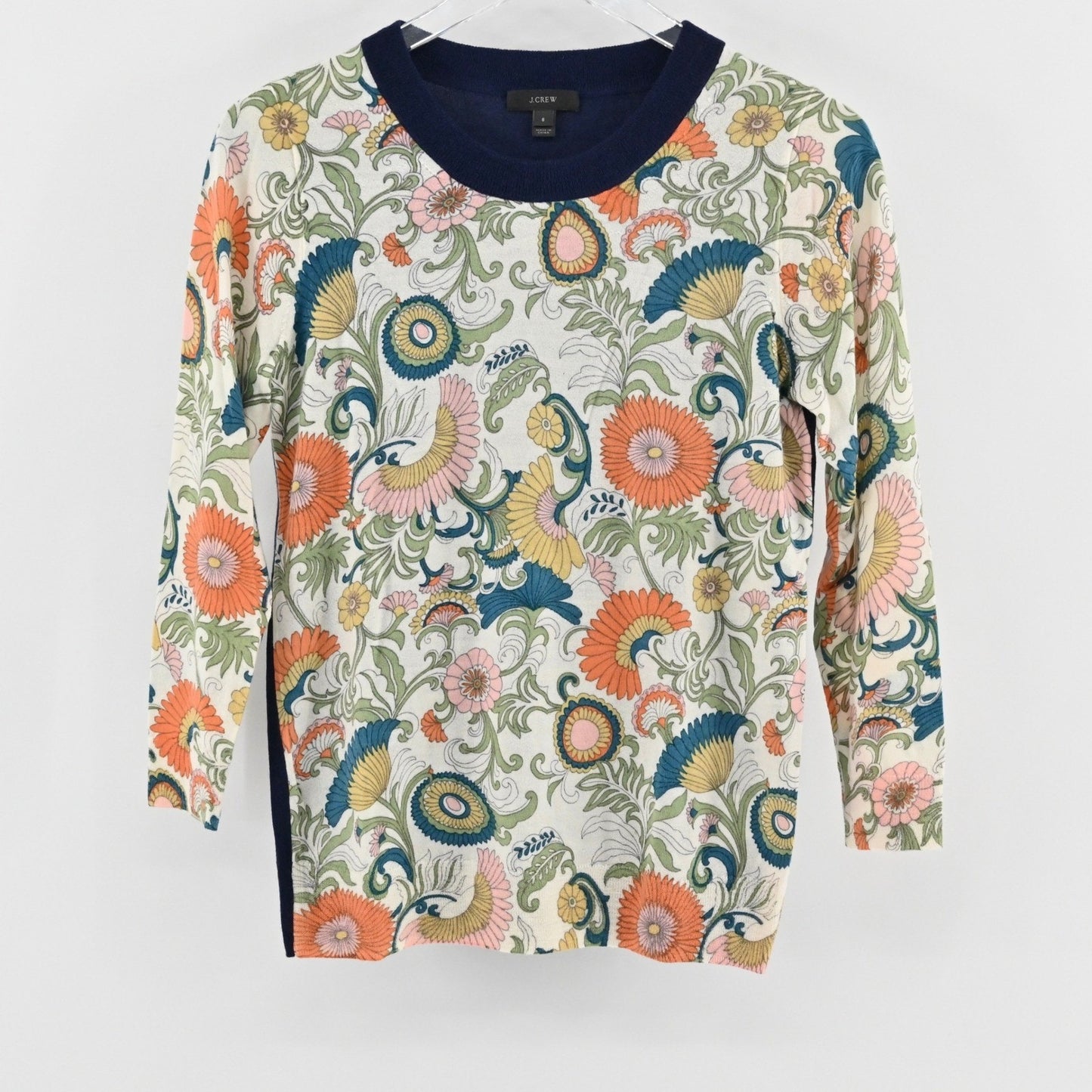 J Crew Womens Floral Merino Wool Sweater Size S Retro Twee Whimsical Romantic