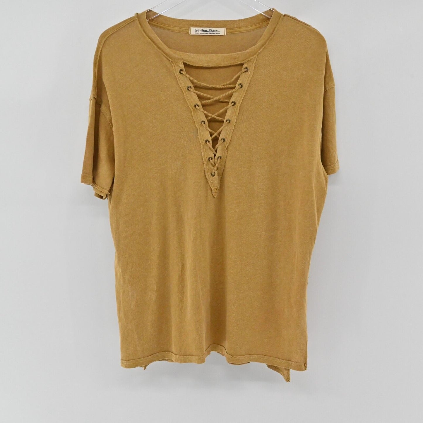 FREE PEOPLE Top Womens Size S Azalea Lace Up Short Sleeve Shirt Mustard Bohemian