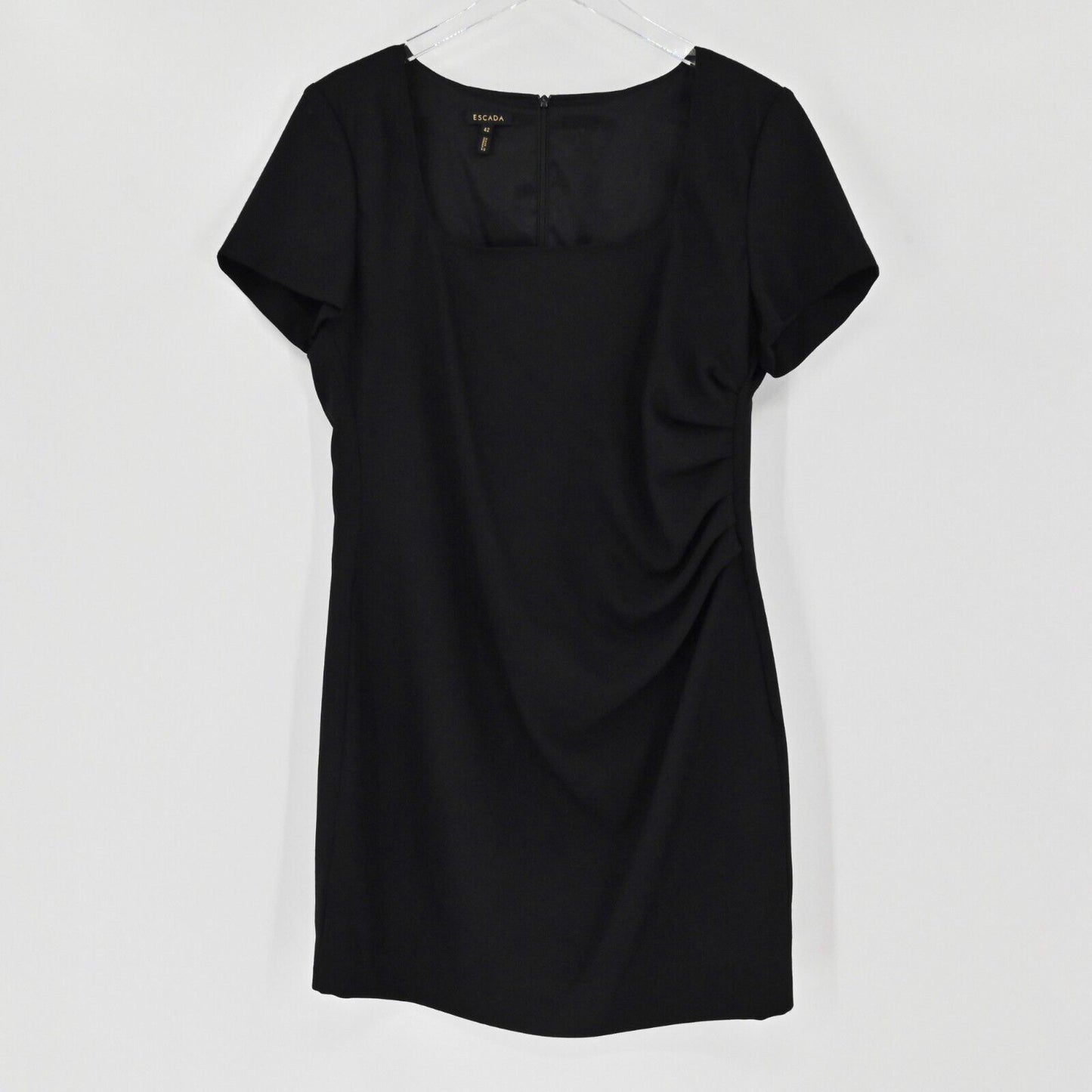 Vtg ESCADA Dress Womens Size 12 Black Virgin Wool Square Neck Ruched Twee Retro