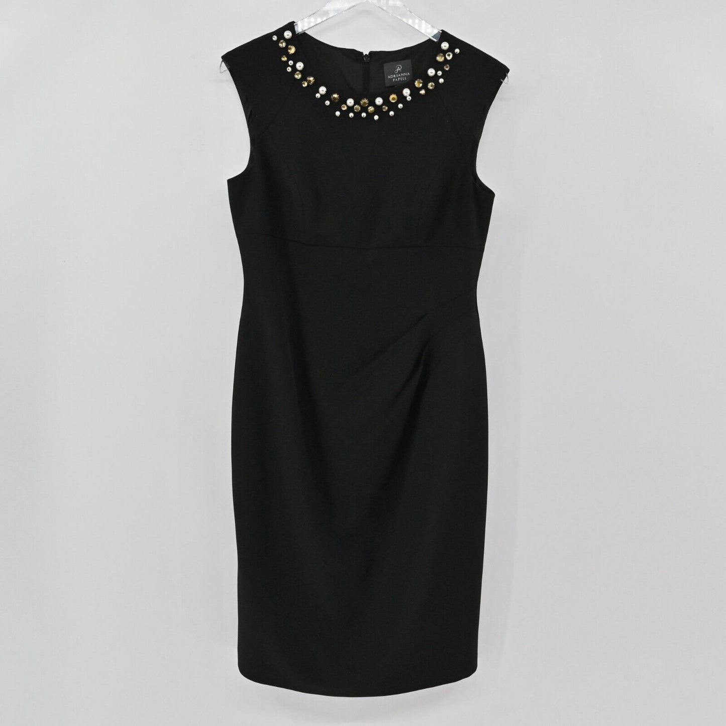 ADRIANNA PAPELL Dress Womens Size 10 Beaded Neck Solid Black Ruched Sleeveless
