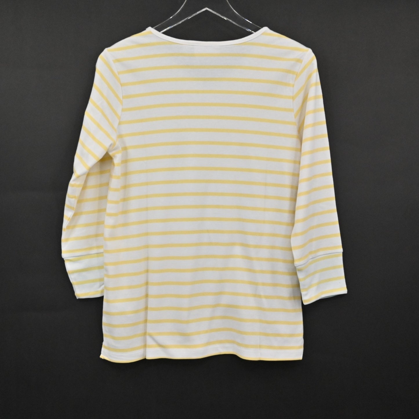 Quacker Factory Womens Sequin Butterfly Top Size S Yellow White Stripe Knit NEW