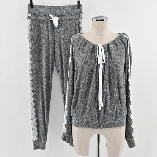 The Kooples Sport Womens Gray Fleece Set Size S/M Embroidered Lace Super Soft