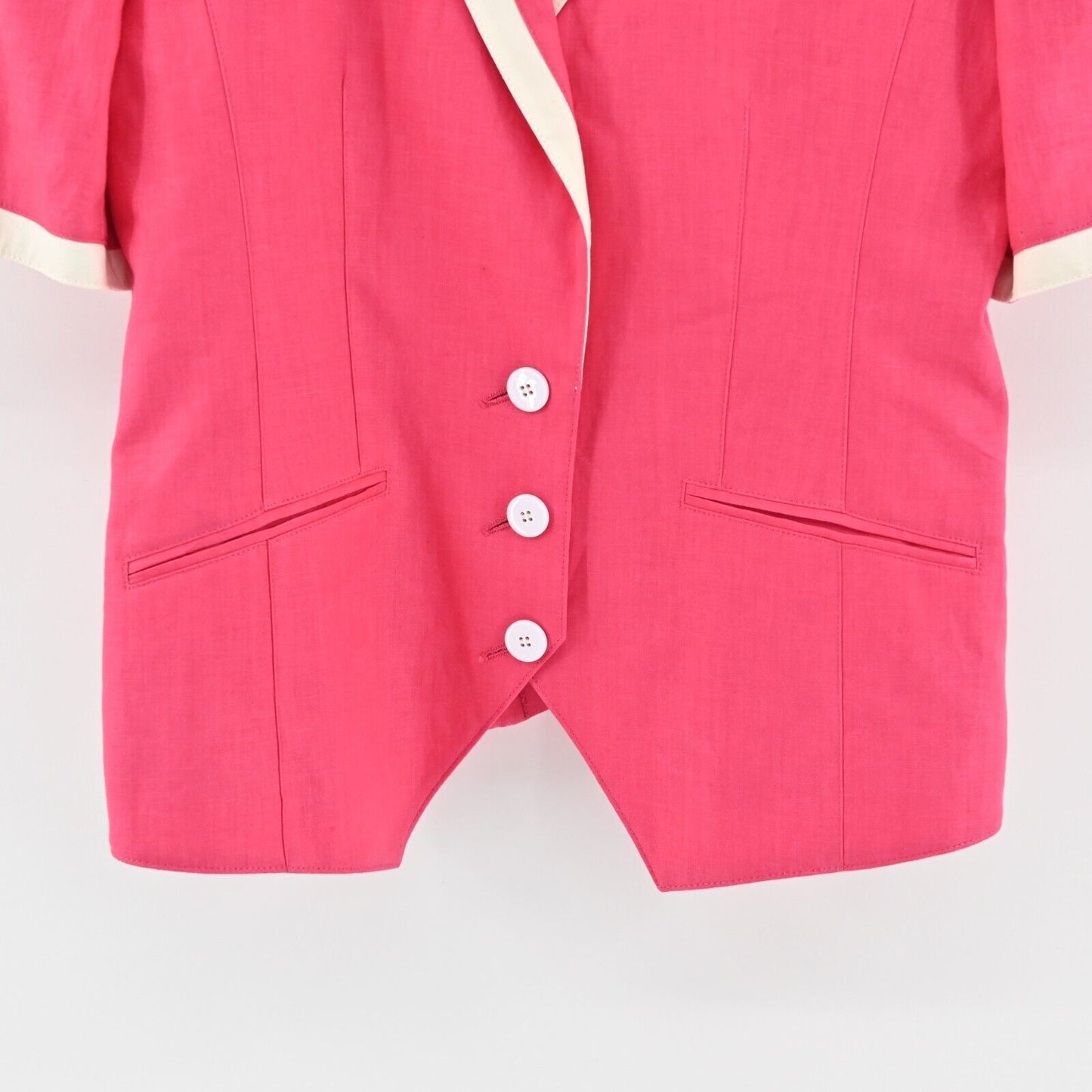 Vtg LOUIS FERAUD Blazer Womens Size 8 Pink White Trim Linen Short Sleeve Jacket