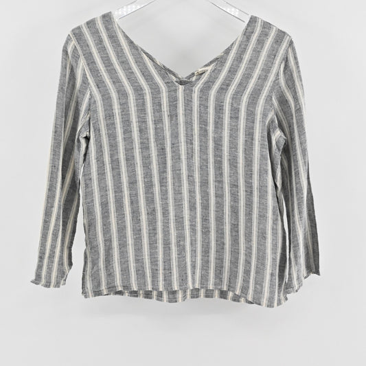 Chrisitan Siriano Womens Linen Stripe Top Size XS Gray Beige Lagenlook Prairie
