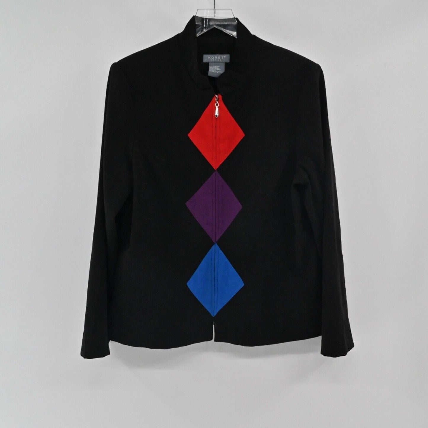 Vtg KORET Jacket Womens Size 14 Black Argyle Full Zip Stand Up Collar Retro Y2K