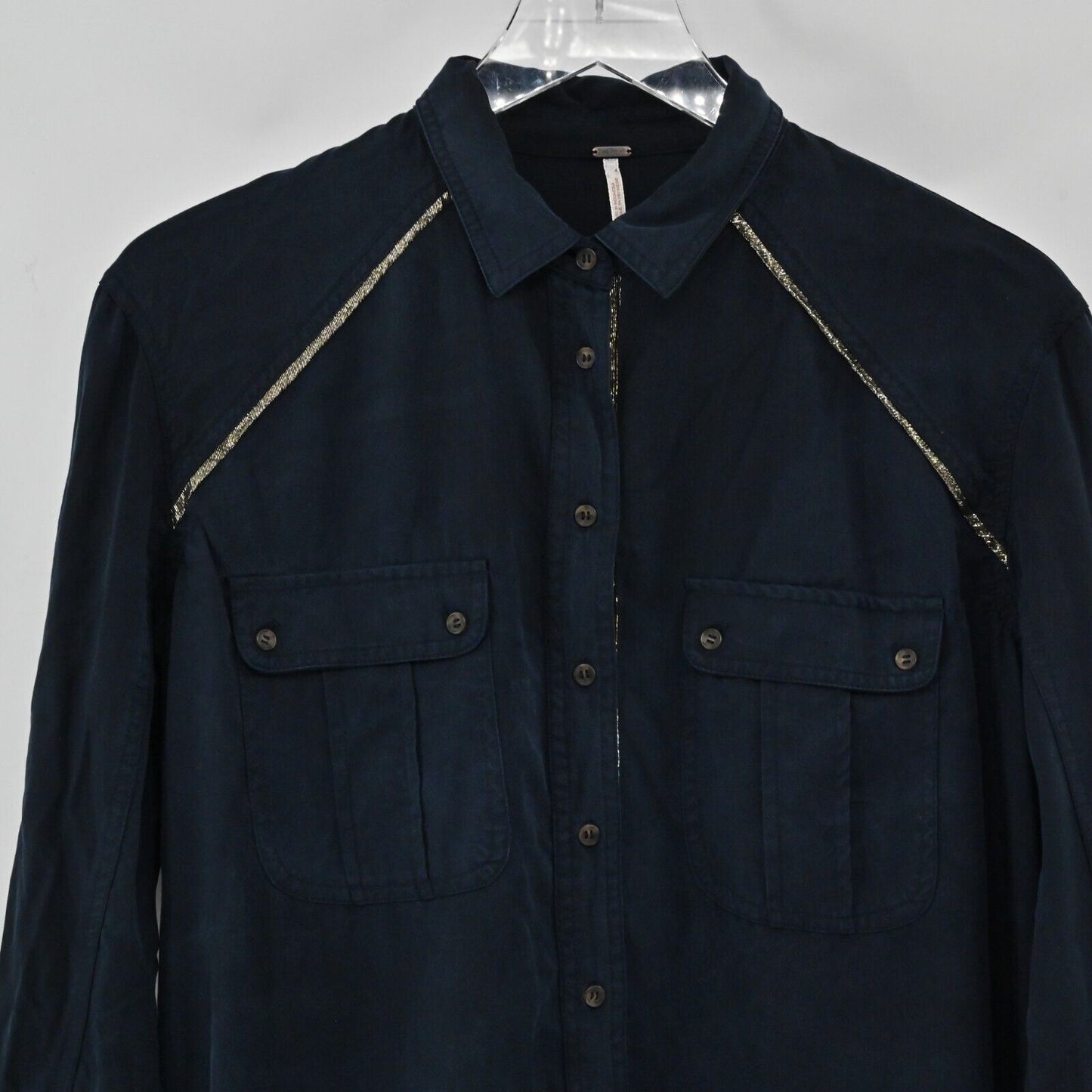 FREE PEOPLE Top Womens Sz S Off Campus Metallic Shimmer Navy Button Down Blouse