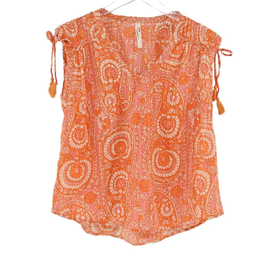 ANTHROPOLOGIE Top Womens Sz Small Orange Printed Tassel Tie Shoulder Boho Blouse