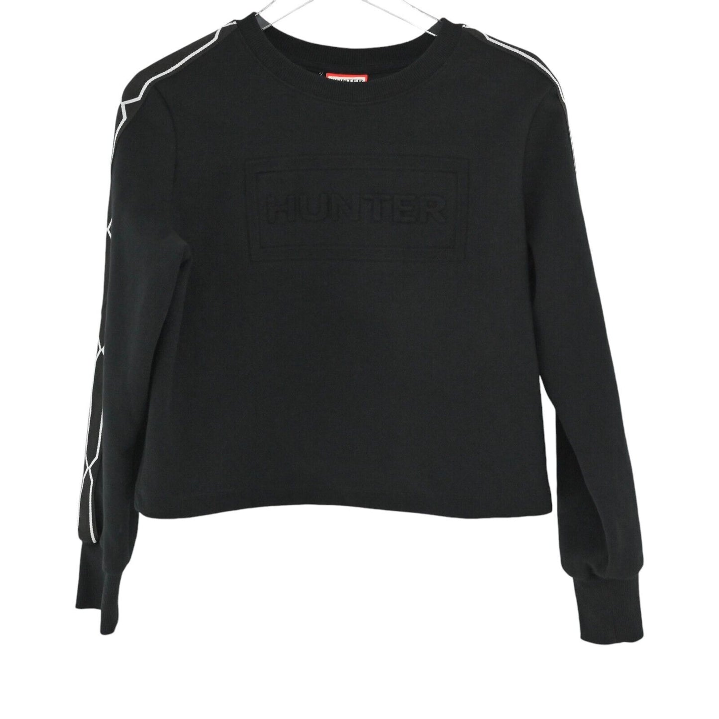 HUNTER Pullover Crewneck Womens Sz S Sweatshirt Chain Trim Logo Black White Crop