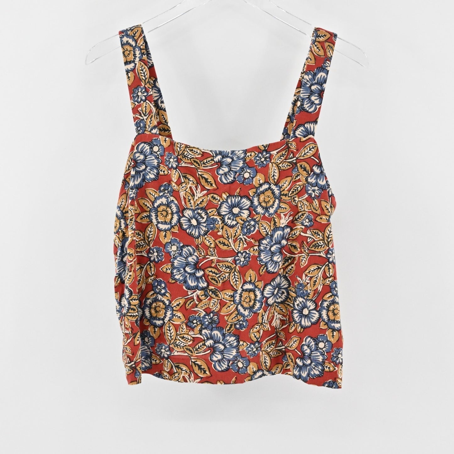 FAHERTY Womens Pacifica Floral Square Neck Top Size L Red Blue Linen Sleeveless