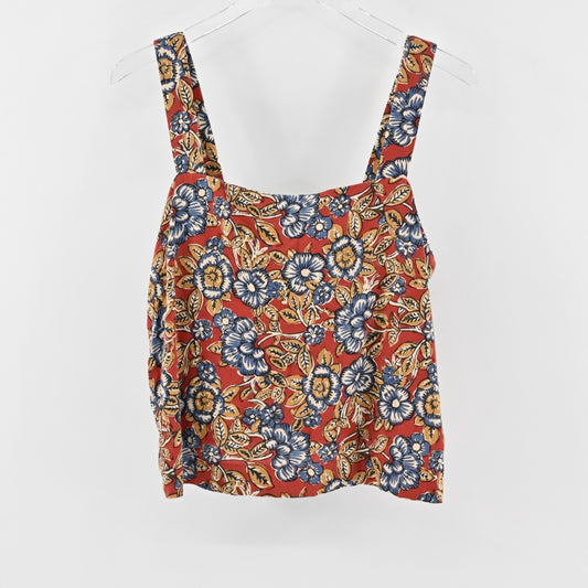 FAHERTY Womens Pacifica Floral Square Neck Top Size L Red Blue Linen Sleeveless