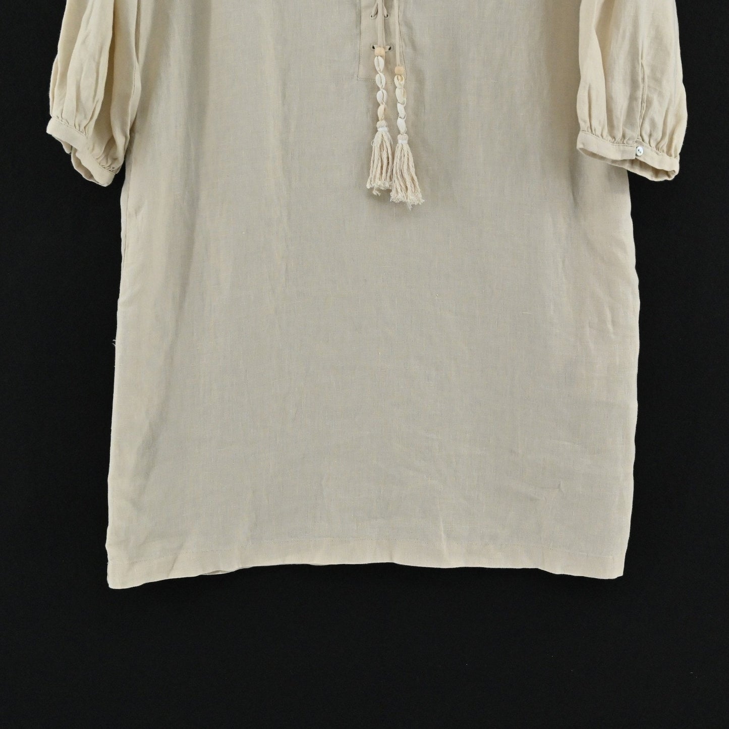 Magaschoni Linen Dress Size M Lagenlook Beige Ethereal Boho Neutral Tunic Tassel