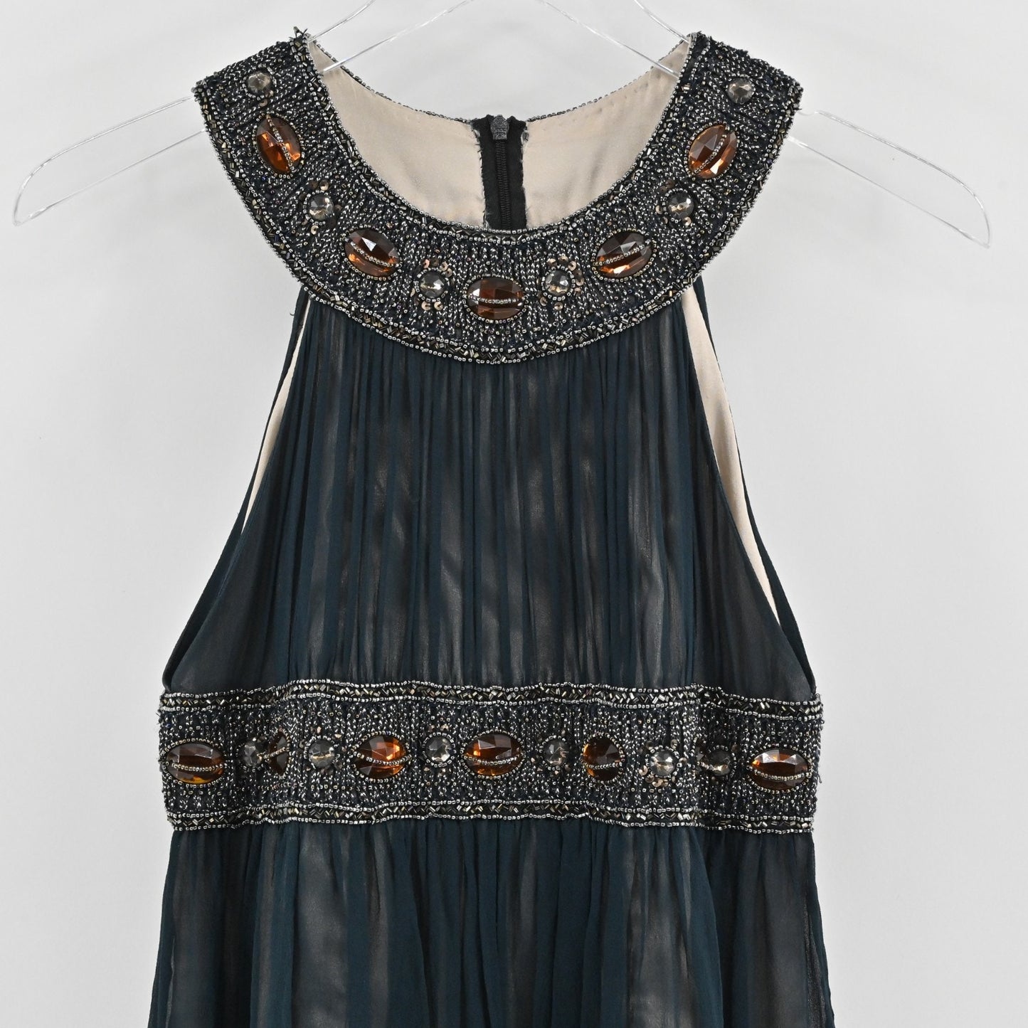 Niteline Silk Chiffon Beaded Dress Size 2 Black Sleeveless Empire Waist Cocktail