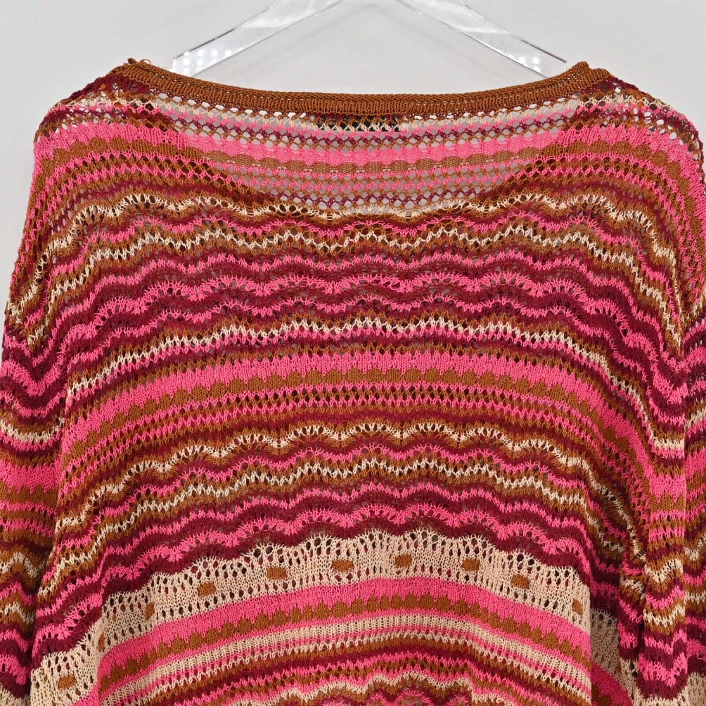 ZARA Sweater Women Sz M Pink Orange Stripe Cotton Blend Open Knit Boat Neck Boho