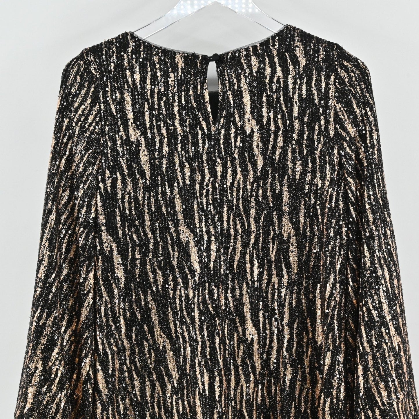 Betsy Adam Sequin Dress Size 8P Black Gold Bell Sleeve Mod Twee Retro Cocktail