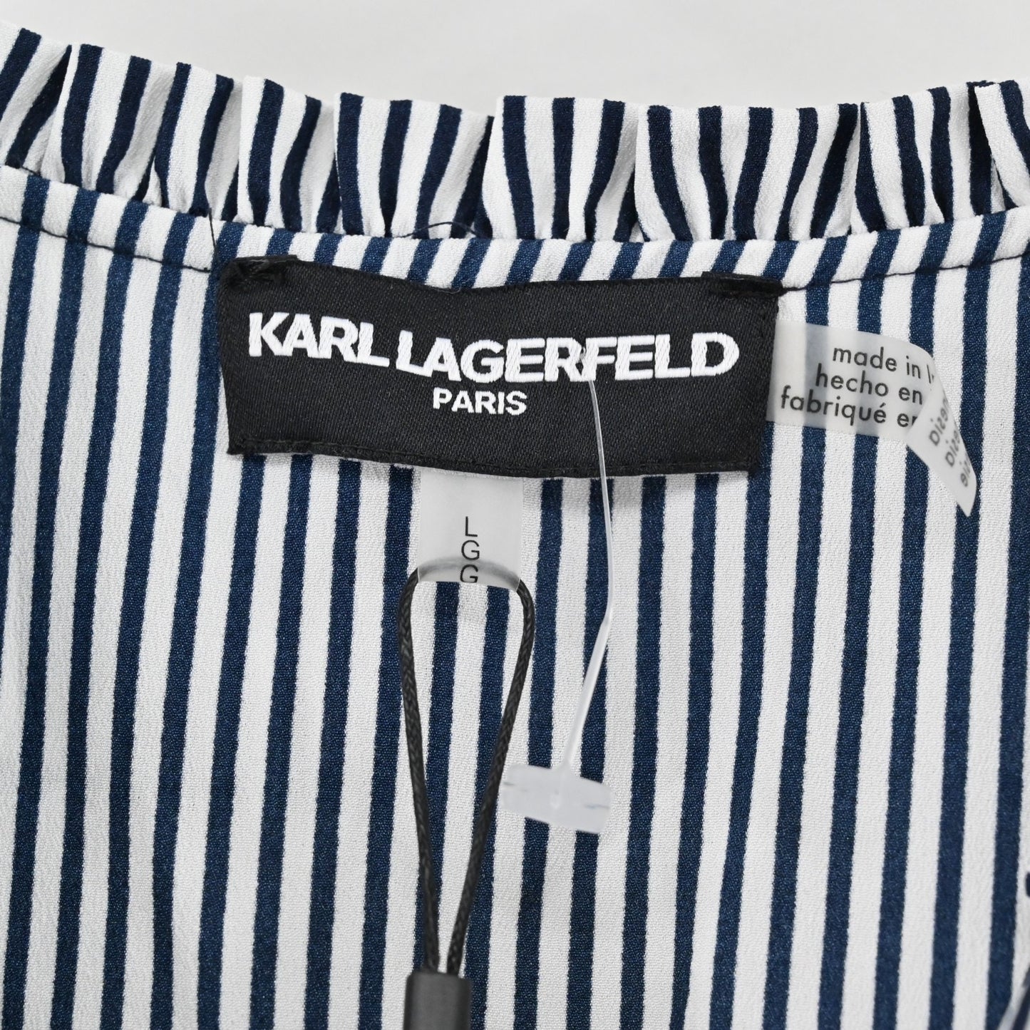 Karl Lagerfeld Womens Yagavi Ruffle Front Top Sz L Striped Sleeveless Blouse NEW