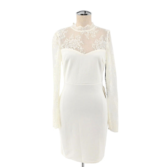 LULUS Dress Womens Size S Ivory Lace Sleeves High Neck Bodycon Bridal Party NEW