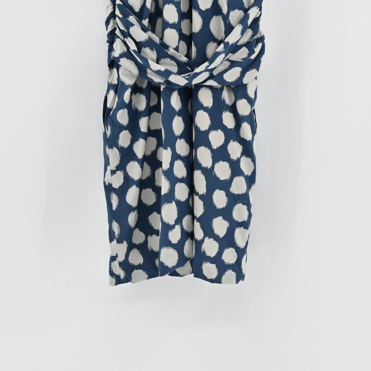 THEORY Womens Ruchia Silk Dress Size 6 Ikat Dot Sleeveless Blue Cream Stretch