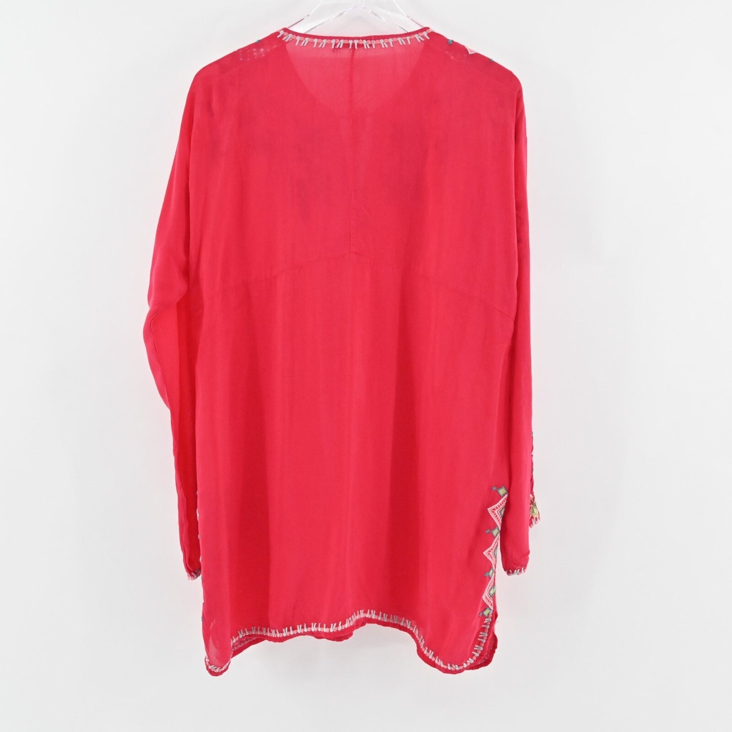 JOHNNY WAS Vanessa Embroidered Top Womens Size L Red Rayon Tunic Boho Blouse