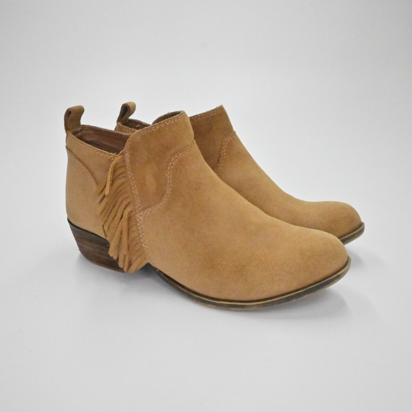 LUCKY BRAND Booties Womens Sz 6.5 Banji Ankle Fringe Stacked Heel Chestnut Brown
