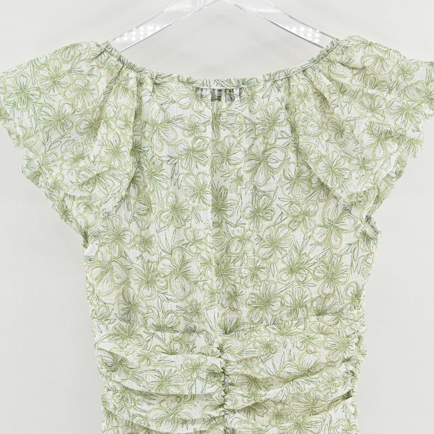 En Saison Monique Ruched Floral Mini Dress Size S Romantic Green Puff Sleeve