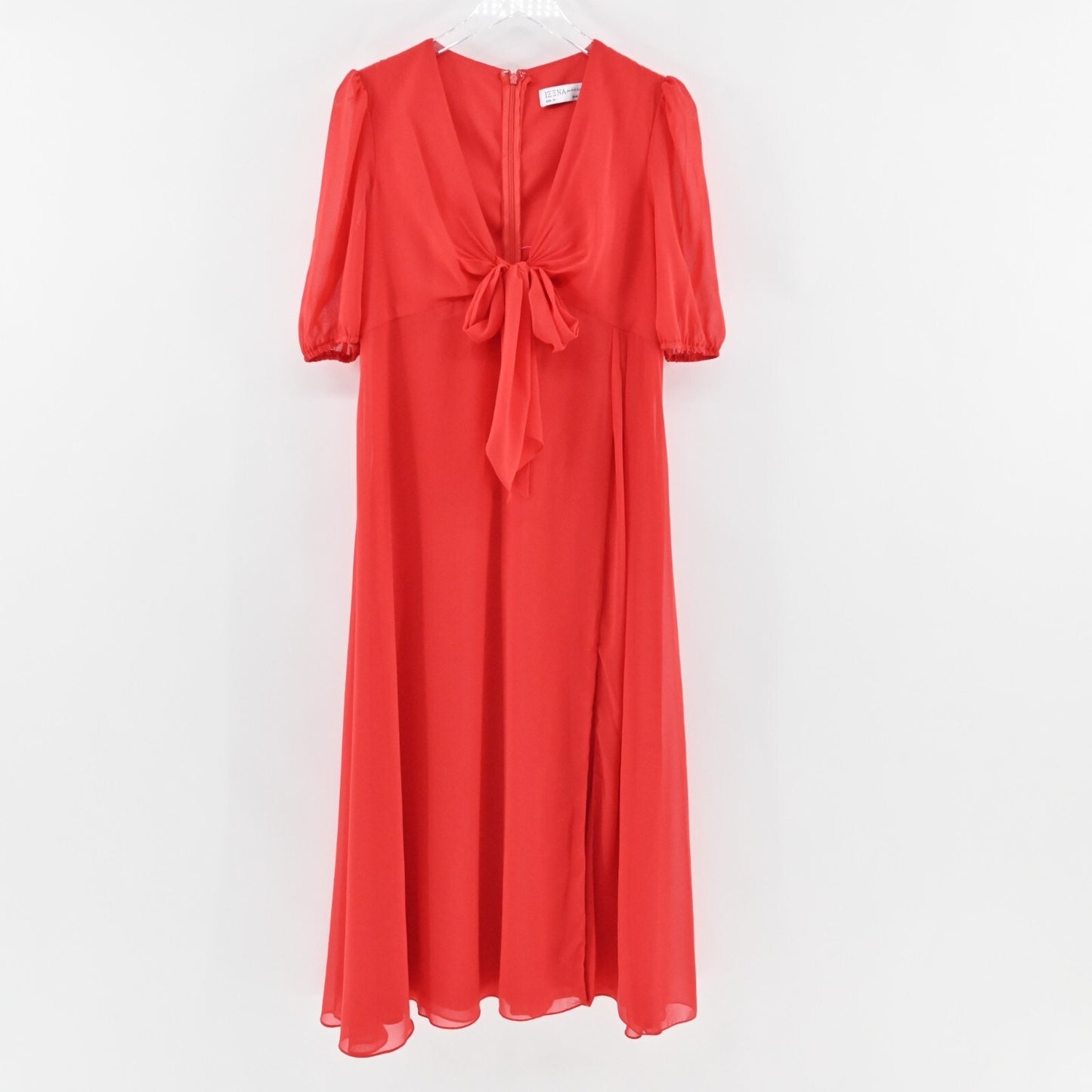 MAC DUGGAL Dress Sz 10 Ieena Chili Red Chiffon VNeck Bow Detail Flowy Midi 55627