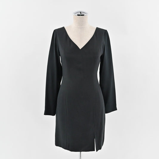 Vtg HUGO BUSCATI Dress Size 2 Collection Silk VNeck Solid Black Long Sleeve Slit
