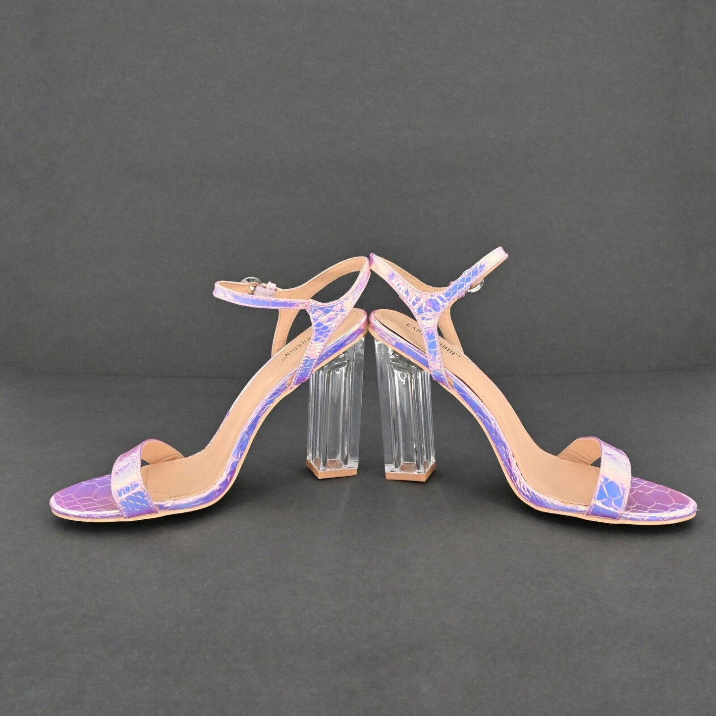 CAPE ROBBIN Heels Womens Size 8.5 Iridescent Purple Croc Clear Block Ankle Strap