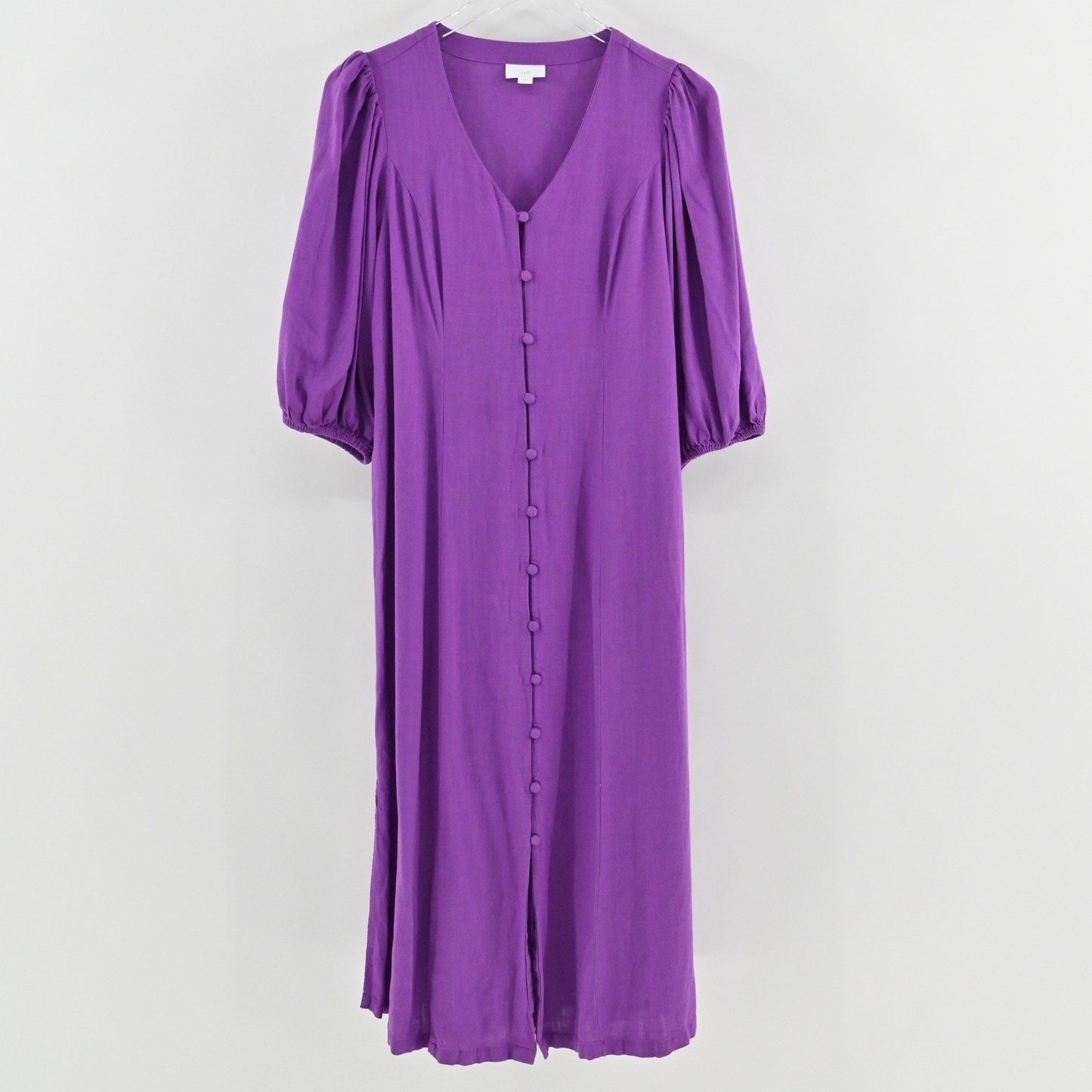 J Jill Linen Midi Dress Size S Purple Puff Sleeve Boho Lagenlook Button Front