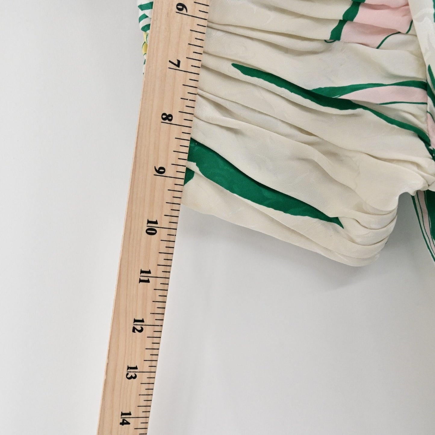 Vtg Cocktail Dress Sz L White Floral Silk Puff Sleeve Ruched Square JAYNA 80s