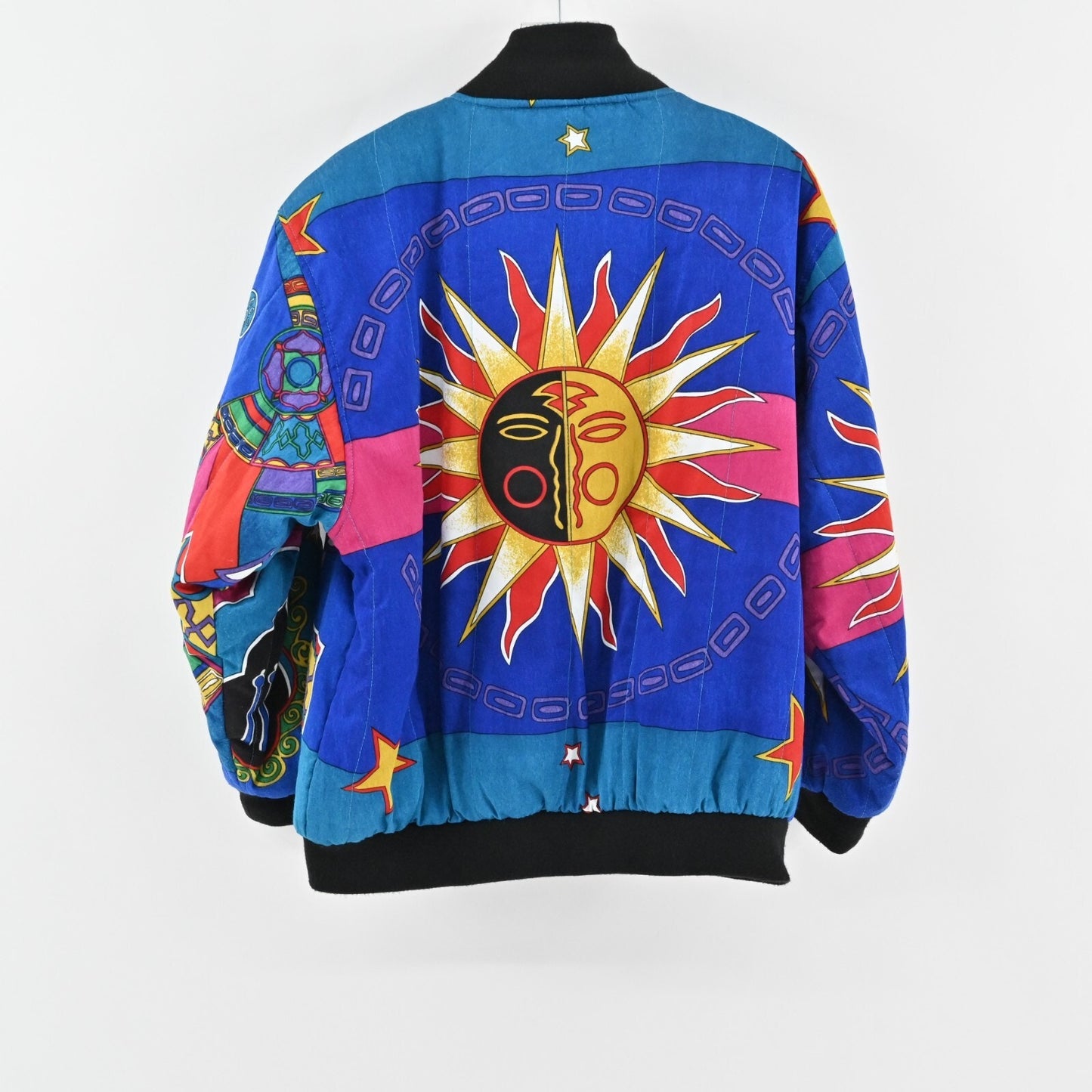 Vtg Bomber Jacket Womens Size L Dopamine Maximalist Sun Star Print Janeve Boho