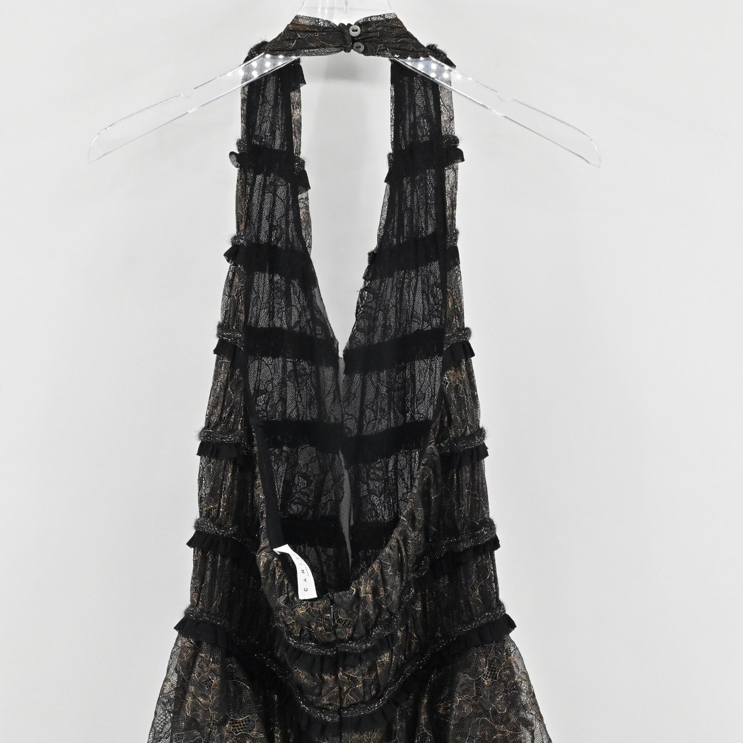 Carella Whimsigoth Gown Sz 8 Metallic Lace Grunge Halter Peplum Sleeveless Dress