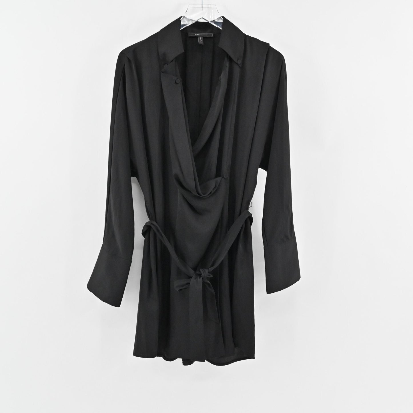 BCBGMAXAZRIA Shirt Dress Size M Diane Black Long Sleeve Collared Wrap Tie Mini