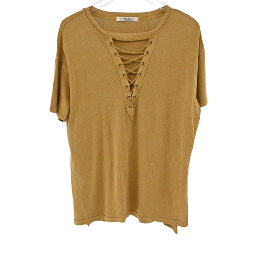 FREE PEOPLE Top Womens Size S Azalea Lace Up Short Sleeve Shirt Mustard Bohemian
