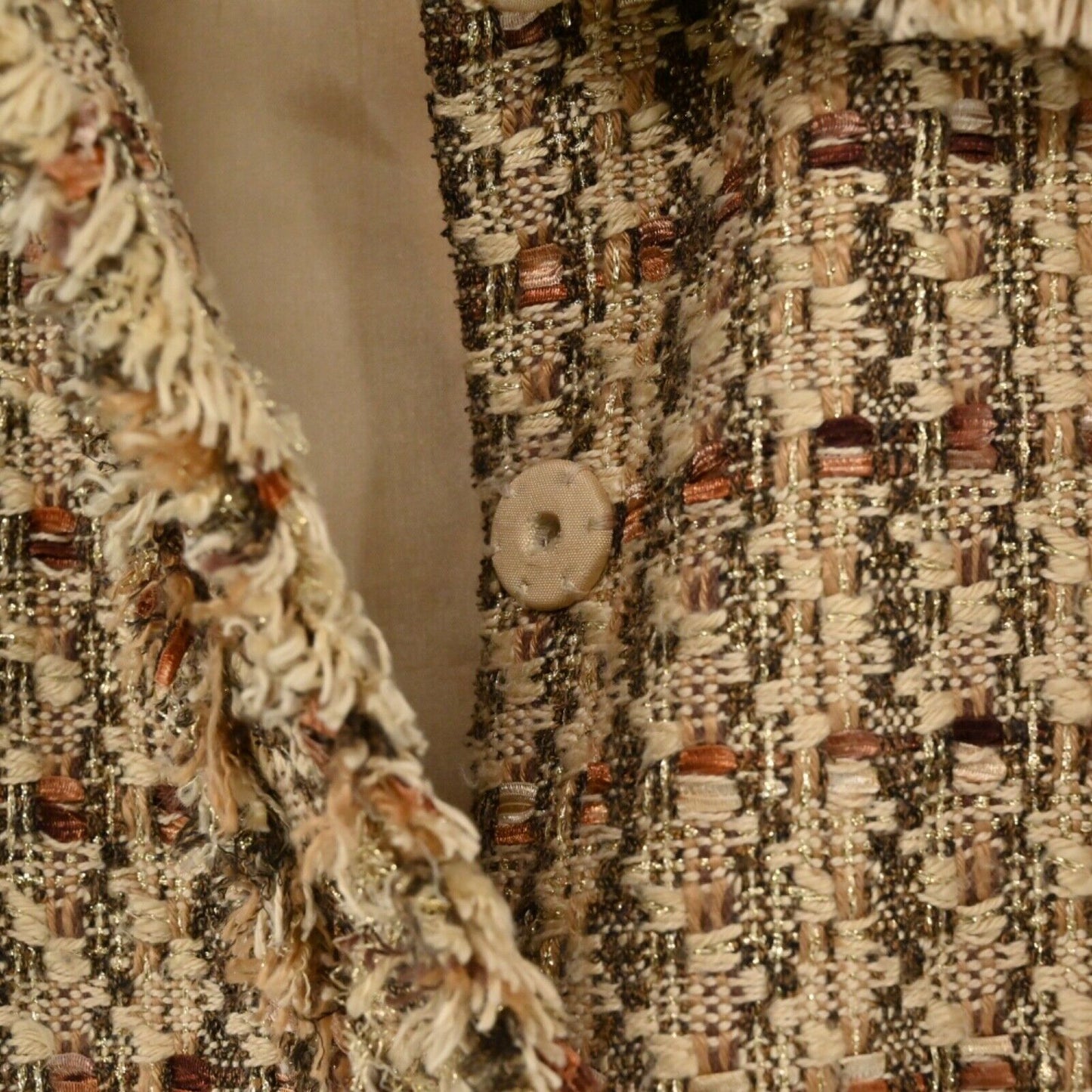 Vtg DANA BUCHMAN Jacket Womens Size 6 Brown Metallic Plaid Tweed Fringe Snap 00s