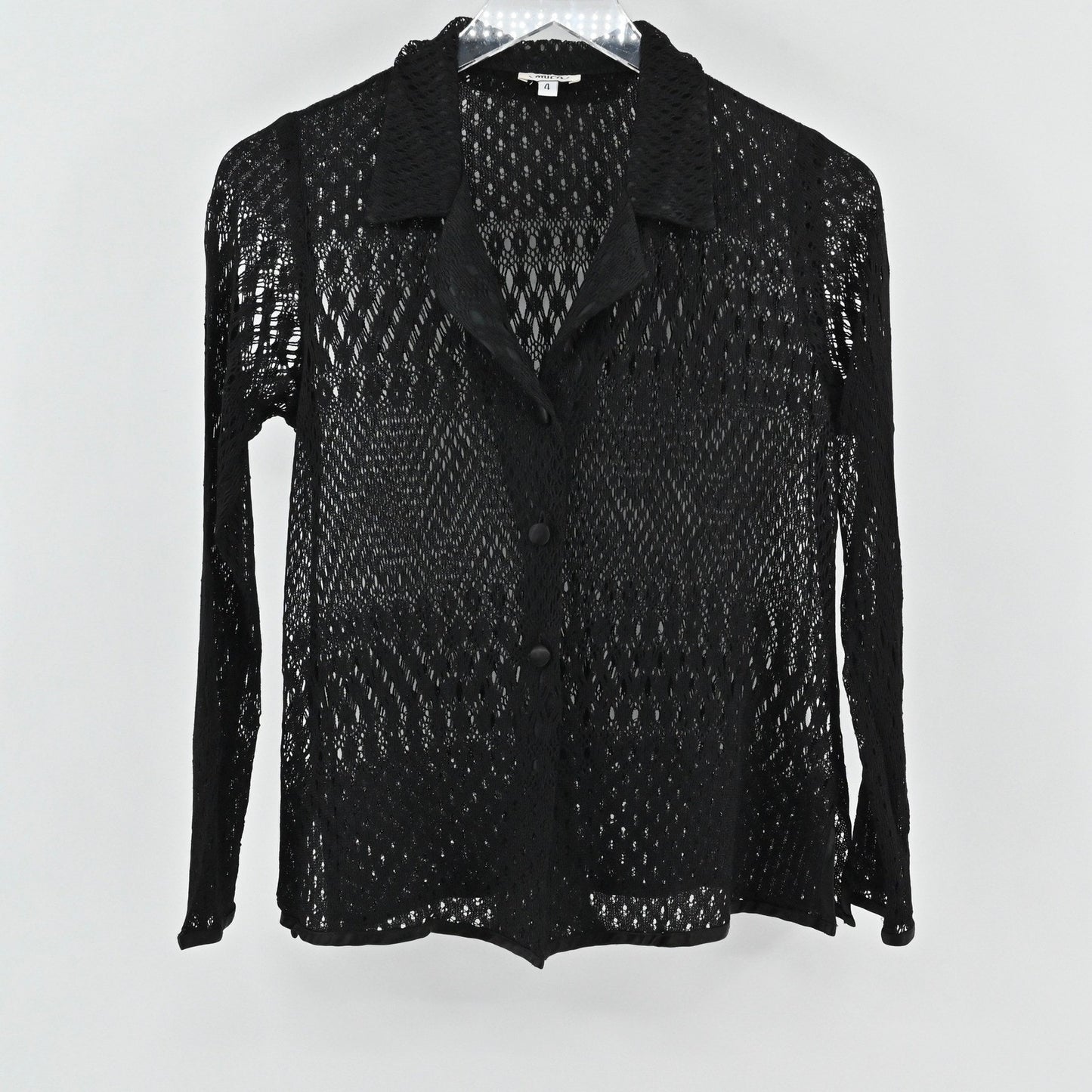 Vtg Y2k Mica Womens Black Knit Crochet Top Size 4 Sheer Mesh Button Long Sleeve
