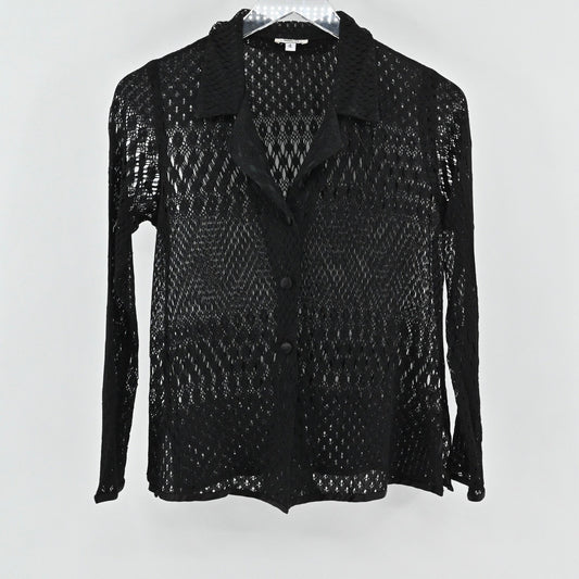Vtg Y2k Mica Womens Black Knit Crochet Top Size 4 Sheer Mesh Button Long Sleeve