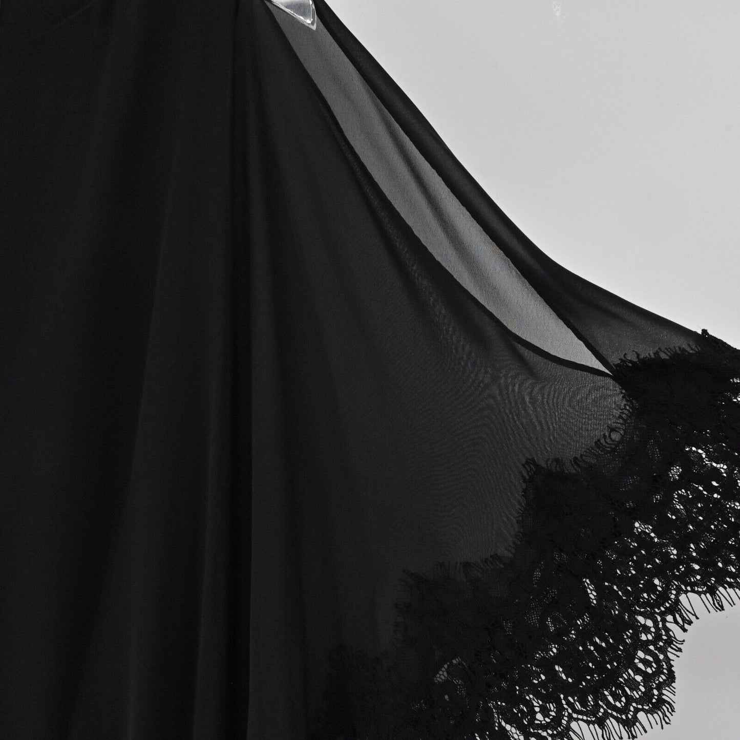 XSCAPE Dress Women Sz 4 Black Lace Trim Chiffon Cold Shoulder Shawl Style Sheath