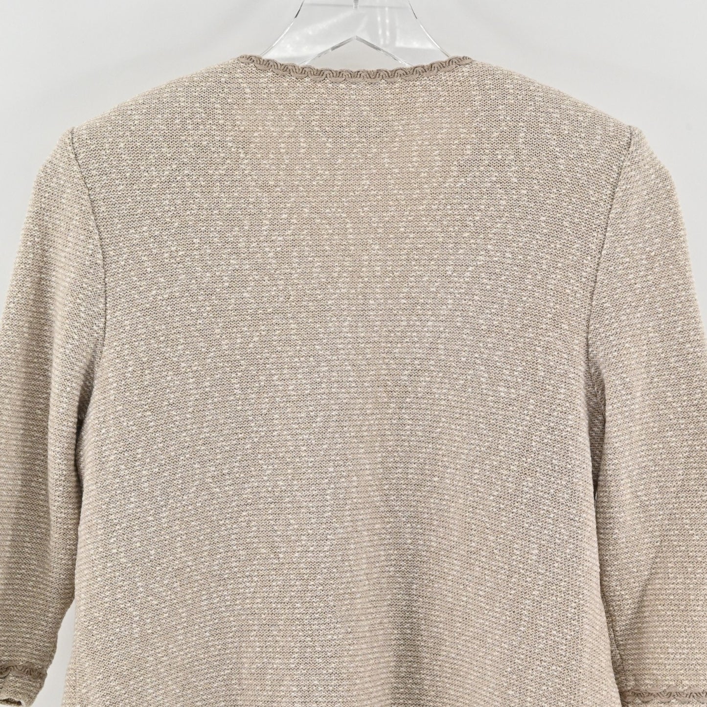 Vtg ST JOHN Womens Santana Knit Jacket Size 4 Tan Beaded Zip Up Blazer Dog Show