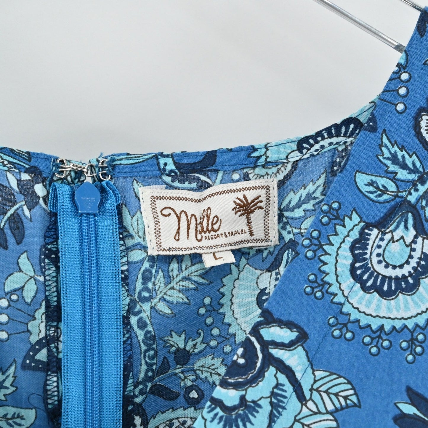 Millie Resort Travel Floral Dress Size L Blue Paisley Bohemian Cotton India Boho