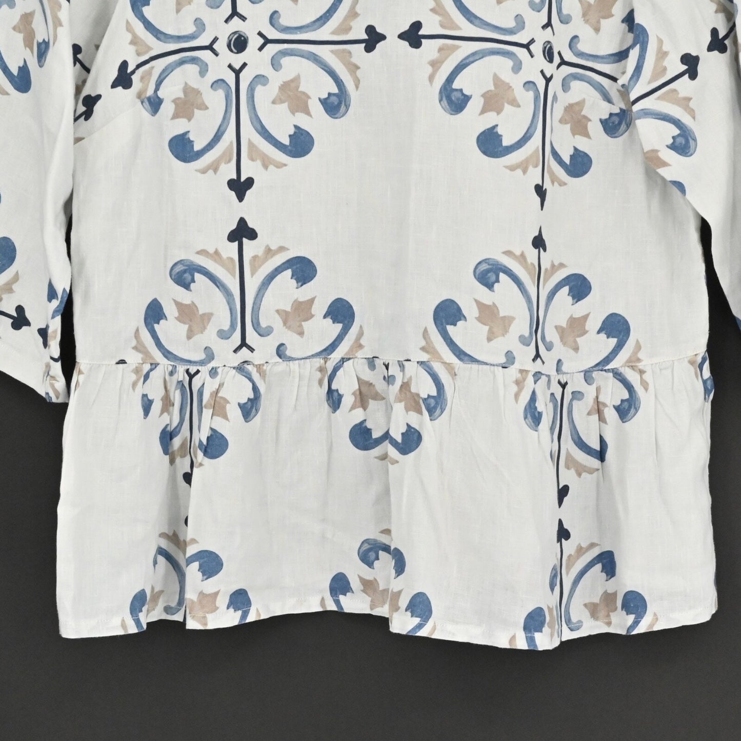 MARIO ROMANO Womens Linen Top Size M Peplum White Blue Boho Italy Breathable