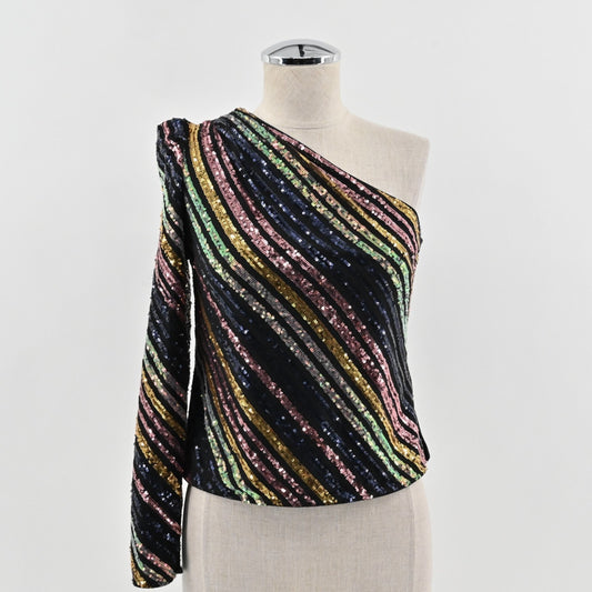 Self Portrait Womens Sequin One Shoulder Top Sz 2 Stripe Asymmetric Blouse