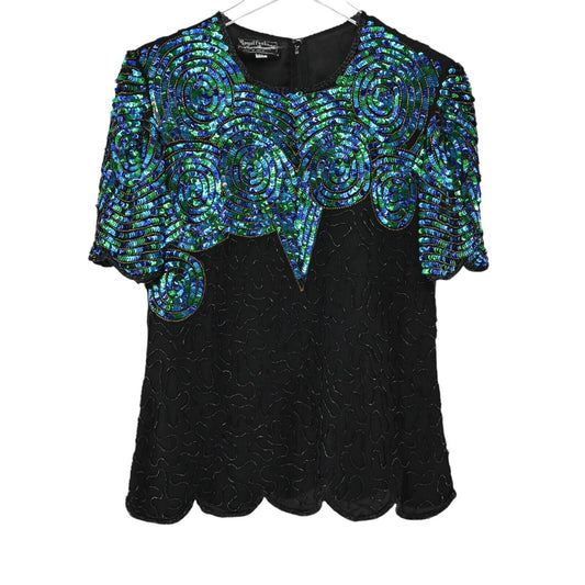 Vtg ROYAL FEELING Top Womens Size M Silk Black Beaded Sequin Blouse Glam Retro