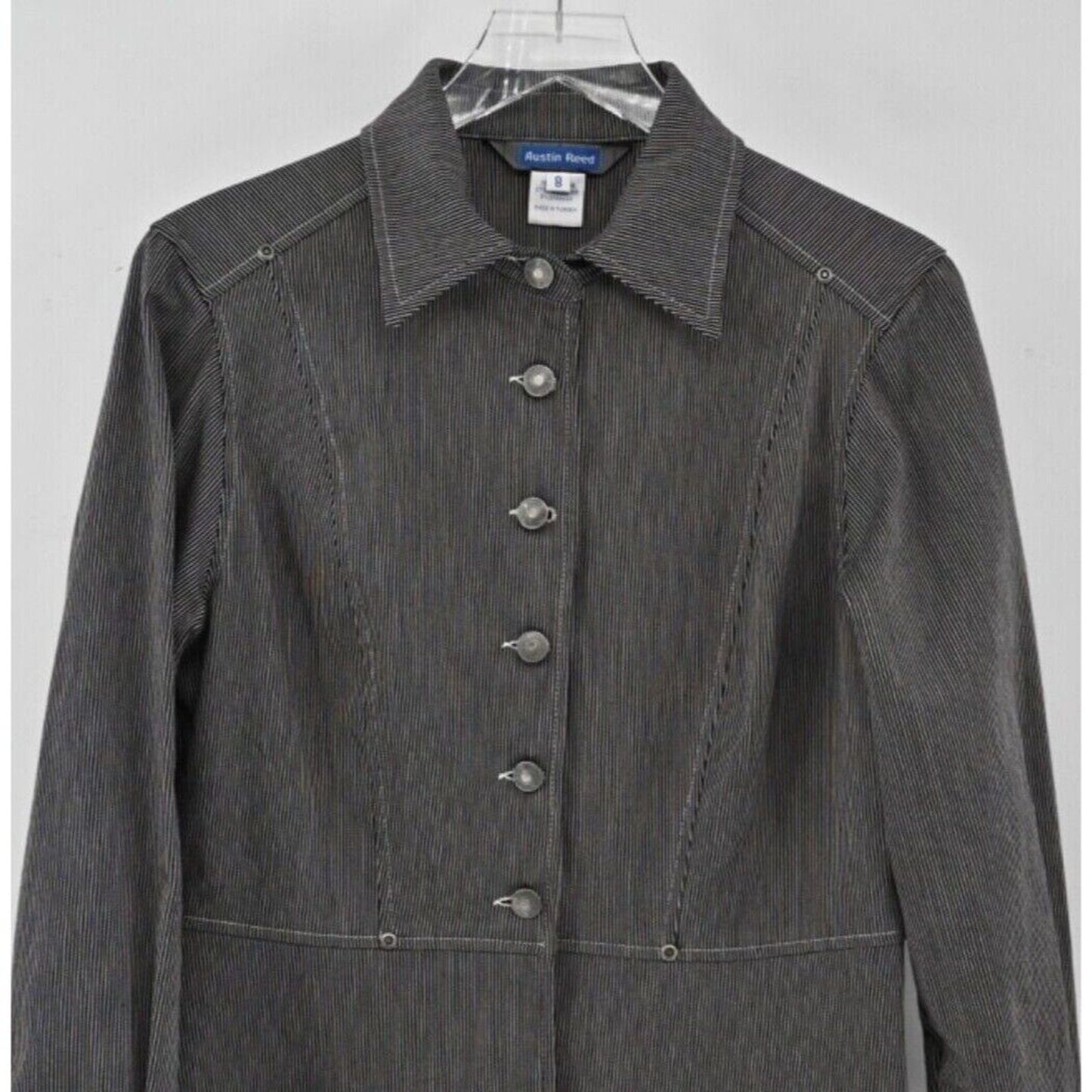 AUSTIN REED Jacket Womens Size 8 Canvas Black White Pinstripe Cotton Blend Retro