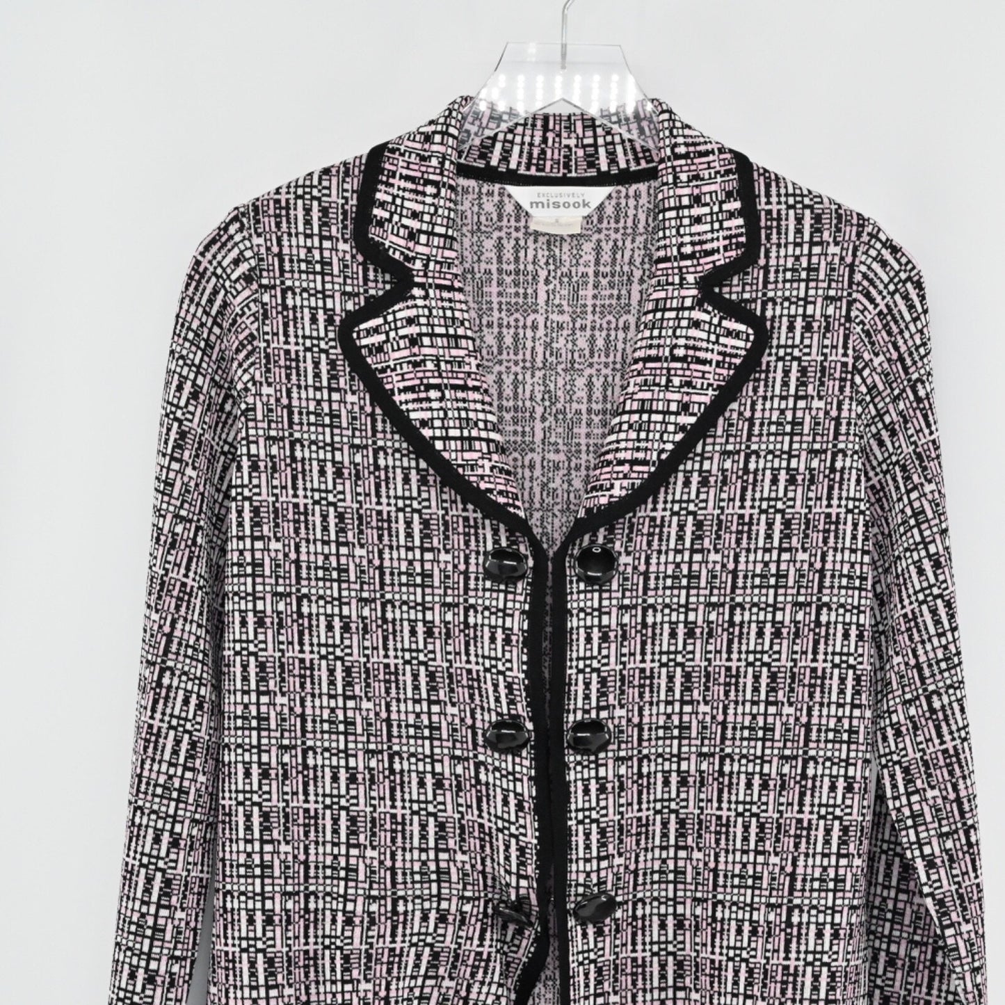 MISOOK Womens Knit Jacket Sz S Blazer Black Pink Print Retro Career Quiet Luxury